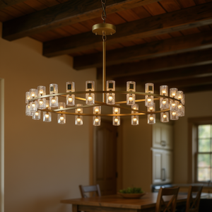 Lámpara de Techo Estilo Moderno Farmhouse con Forma de Rueda de Carro, 48 Pulgadas, Dorada, con Pantalla de Cristal, para Comedor, Cocina, Entrada - Product Image 2