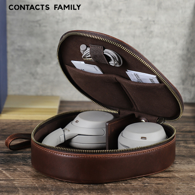 Hand Carry Cow Leather Over Ear Headphone Case Multi Compartment Storage Pouch Fit Sony WH1000XM6/5/4