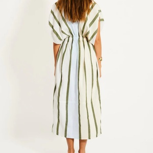 เดรสผู้หญิงขายดีรุ่นใหม่ ผ้าลินินคอตตอนลำลองแฟชั่นสำหรับฤดูร้อน ชุดเดรสฤดูร้อนผู้หญิงแบบสั่งตัดปี 2025 ลายทางความยาวปานกลาง - Product Image 4