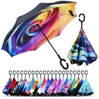 Custom Windproof Reverse Invert Umbrella, C Handle
