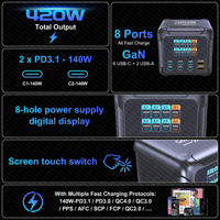 Estación de Carga USB C GaN de 420W con 8 Puertos, Control Táctil y Pantalla LCD, 6 USB-C de 140W y 100W, 2 USB-A (60W)