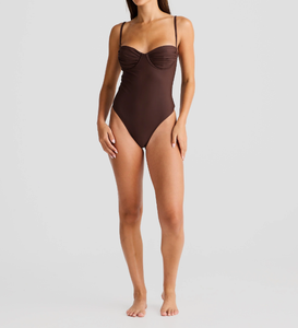 Custom Sizes &amp; Logo Accepted Bulk OEM Chocolate Brown Ruched Bust Balconette High Cut One Piece <strong>Swimsuit</strong> Women's Beachwear - Product Image 2