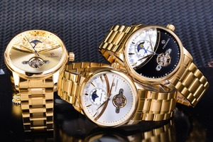 Forsining Mens Automatic <span class=keywords><strong>Orologio</strong></span> Da Polso Royal Golden Sun Moon Self-Vento di Scheletro della Fascia Dell'acciaio inossidabile Meccanico Relogio Clock - Product Image 5