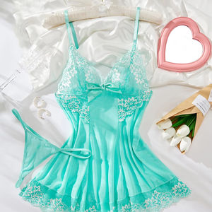 Penjualan laris pakaian tidur seks merah elegan modis bahan suasana romantis Set Lingerie jubah bertali tepi renda - Product Image 1