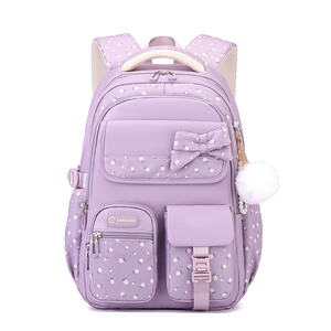 Nuovo Zaino Scolastico 2026 per Bambini con Stampa Floreale Viola Pastello, Fiocco e Ciondolo a Palla in Peluche, Impermeabile - Product Image 1