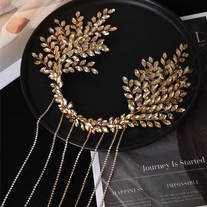Serre-tête de mariée vintage de luxe fait main avec feuilles d'or, strass, franges et pompons, bijou de cheveux pour mariage et concours de beauté - Product Image 2