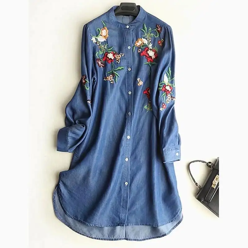 Nova moda floral emborideried Denim Jean Camisas gola Manga Longa vestidos Casuais para as mulheres