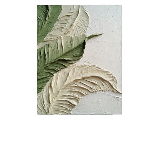 ภาพวาดสีน้ำมันวาดด้วยมือ ใบไม้สีเขียว พื้นผิว 3 มิติ รูปทรงสี่เหลี่ยมผืนผ้า ตกแต่งผนังห้องนั่งเล่นสมัยใหม่ - Product Image 5