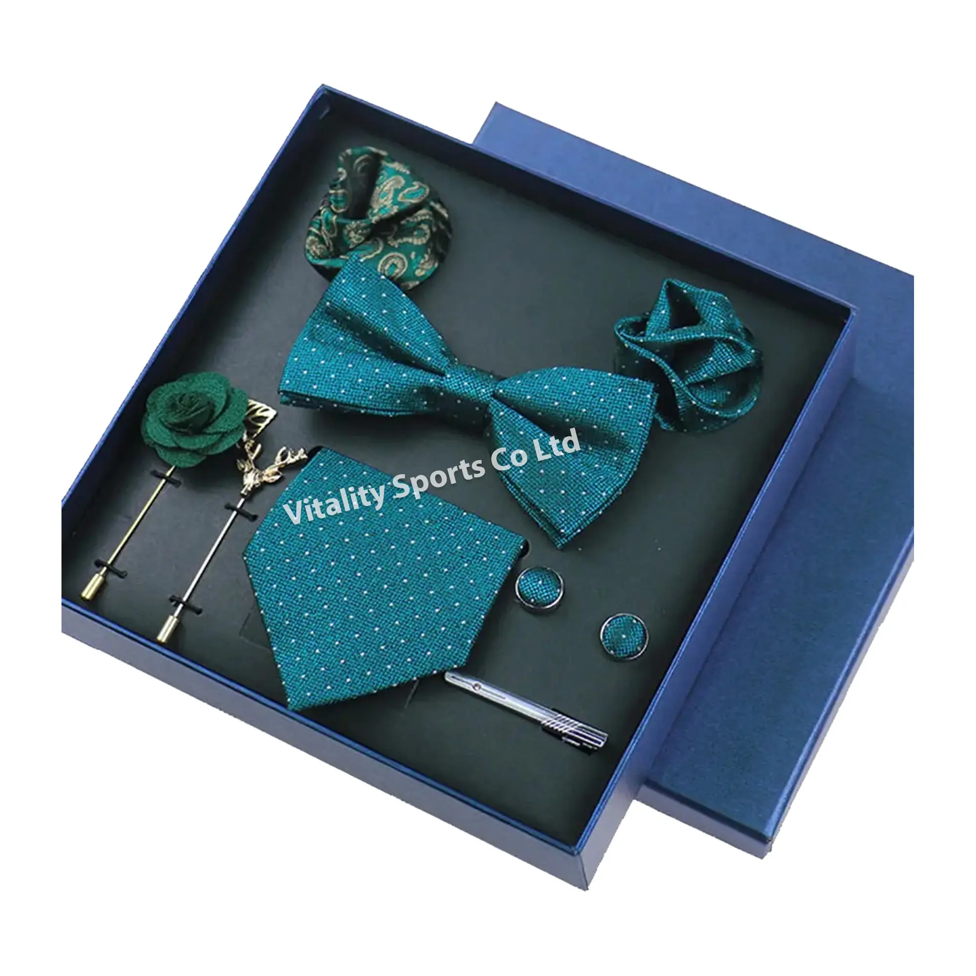 Gravata elegante de bolso para homens, conjunto de gravata com alça de punho e laço de mão, caixa de presente com design personalizado, cores e tamanhos, gravata quadrada verde