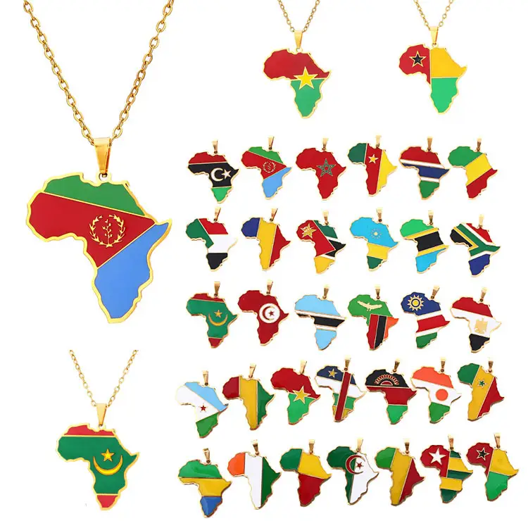 2022 Wholesale All African Countries Map Necklace Fashion Colorful Drip Oil Stainless Steel Africa Map Necklace for Women Men