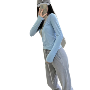 Nouveau design 2026 AL Printemps/Été T-<span class=keywords><strong>shirt</strong></span> <span class=keywords><strong>femme</strong></span> uni côtelé à <span class=keywords><strong>manches</strong></span> <span class=keywords><strong>longues</strong></span>, élastique, amincissant, pour le yoga, le Pilates et comme sous-vêtement de sport - Product Image 6