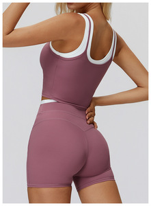 2025 nuevo conjunto de dos piezas de bloque de Color sin costuras para mujer Sujetador deportivo de moda y camiseta sin mangas - Product Image 5