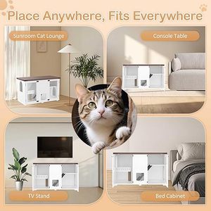 Meuble pour litière <span class=keywords><strong>de</strong></span> chat dissimulée avec LED, rangement, maison pour chat en bois fermée, escaliers, style ferme, adapté au salon, à la chambre à coucher - Product Image 5