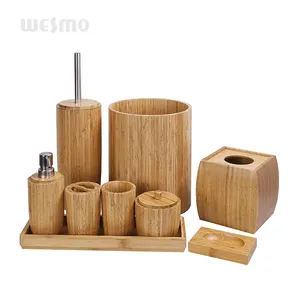 Traditional Bathroom Decorative Accessories Dark Carbonization Round Bamboo Bathroom Set