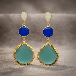 Boucles d'oreilles pendantes en alliage de métal précieux plaqué or faites à la main, Lapis Lazuli, Onyx vert, Rubis, Pierres hydro - Style ethnique, Cadeau pour femme/unisexe - Product Image 3