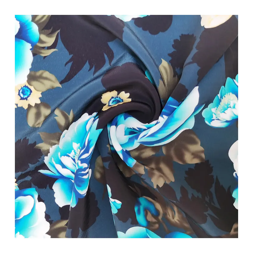 Popolare sottile morbido e personalizzabile color pesca in poliestere koshibo floreale crêpe tessuto stampato più scuro per il vestito da donna