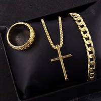 Desain Fashion Populer 3pcs/set Gelang Rantai Hitam Cincin Kalung Salib Hip Hop Perhiasan Punk untuk Pria Pesta