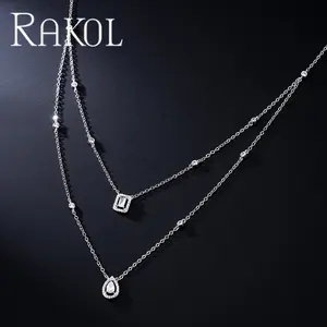 RAKOL NP1024 basit moda moda kolye gümüş 925 elmas kübik zirkon kolye çift katmanlı zinciri ve bağlantı kolye