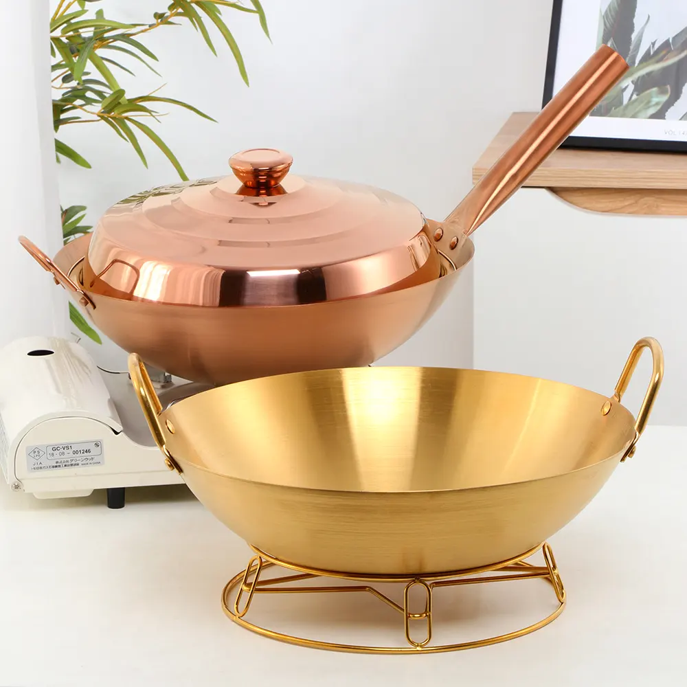 Wok para cozinhar, múltiplo uso em aço inoxidável fosco dourado wok com tampa de metal