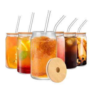 16 Oz Iced Coffee Beer Can Shaped Drinking Glasses Cups With Bamboo Lids And Glass Straw