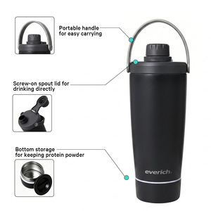 Botella Mezcladora Aislada al Vacío de Acero Inoxidable Moderna con Logotipo Personalizado, Ligera, para Batidos de Proteínas y Pre-Entrenamiento, con Compartimento Inferior de Almacenamiento - Product Image 6