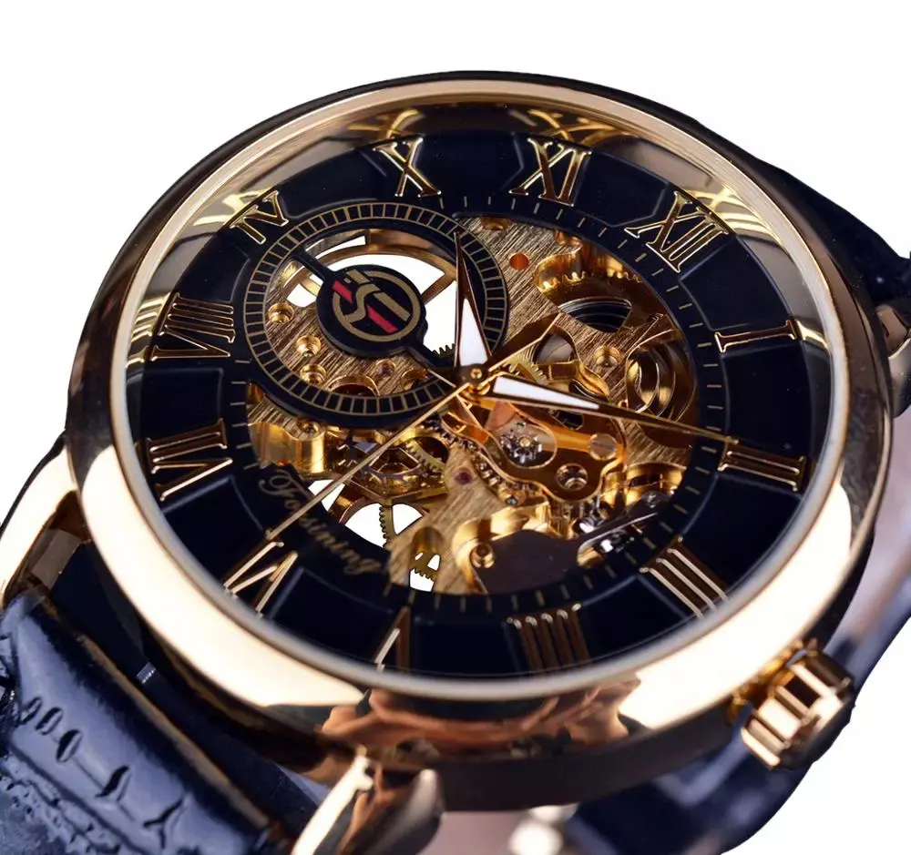 Forsining mecânico relógios homens, 3d design do logotipo gravura oco caso de ouro esqueleto mecânico de couro preto relógios de marca de luxo