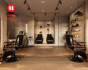 Modern Barber Shop Interior Design | <b>LED</b> <b>Lighting</b> & Custom Wall Mirror for Men Hair Salon Furniture Set - Product Image 1