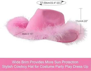 Sombrero de vaquero rosa con plumas, sombrero de vaquera rosa con pañuelo para mujer para Halloween Navidad despedida de soltera disfraces de fiesta