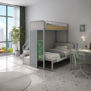 Lit superposé compact OEM d'usine, taille King, avec barrière de sécurité et échelles, pour chambre à coucher, auberge de jeunesse - Product Image 1