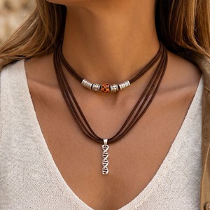 Bohemian Women's Leather Pendant <b>Necklace</b> With Earth Charm And Natural Stone Bead Casual Everyday Jewelry - Product Image 6
