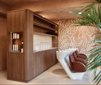 Nouvelle armoire de rangement pour salon de coiffure en bois de couleur bois avec évier, taille et couleur personnalisables, étagère d'exposition