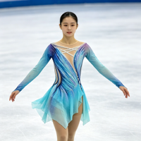 Robe de patinage artistique à manches longues dégradé bleu-violet, dos évidé, ornée de strass, pour filles et femmes adultes