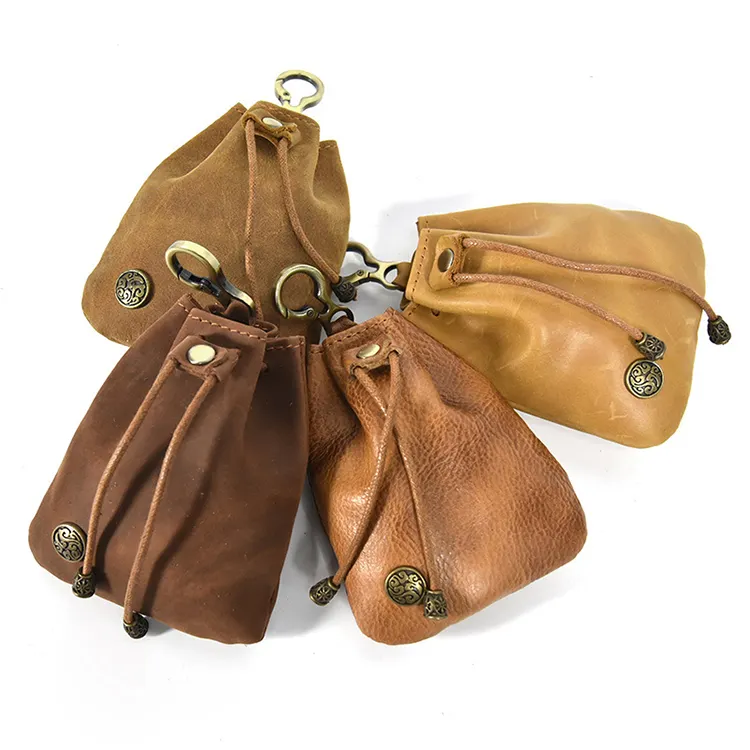Bolsa de cordão de couro genuíno vintage, bolsa louca com fivela para homens e mulheres