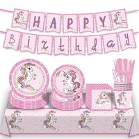 Assiettes, gobelets, serviettes, nappe et bannière jetables sur le thème de la licorne rose pour fête d'anniversaire – Fournitures de table
