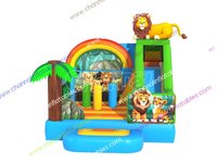 Structure gonflable familiale thème Lions, parcours à roues éléphant, château gonflable de fête foraine, location promotionnelle pour événements commerciaux, équipement d'escalade