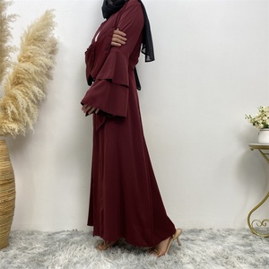 1930# High Quality Burgundy Open Abaya With Side Pockets 2 Layered Sleeve Dubai Abayas <b>Cardigan</b> for Muslim Women - Product Image 5