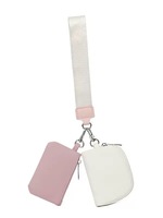 Portefeuille double poignet tendance 2026 avec logo personnalisé, pochette à monnaie rose, double compartiment, bracelet porte-clés et porte-cartes