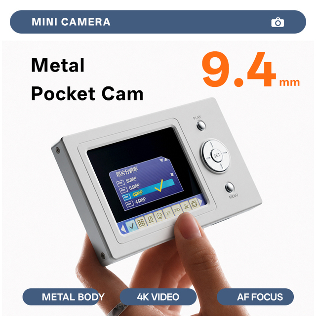 4K Pocket Camera with 9.4mm Slim Design, Multi-Res 80M to 5M, 13 Languages, USB Charging and Storage and Webcam EIS