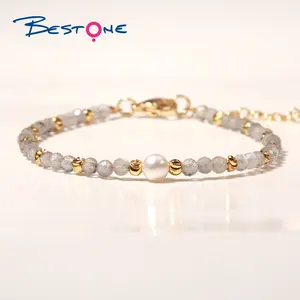 Nuevo diseño, cuentas de oro auténtico chapadas en cobre, joyería de piedras preciosas facetadas de 3,5mm, pulsera personalizada ajustable de perlas de agua dulce para mujer