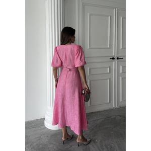 Vestido Cruzado Rosa Brillante con Cinturón, Corte A, Tejido, para Fiesta o Casual, Cintura Natural, Transpirable - Product Image 1