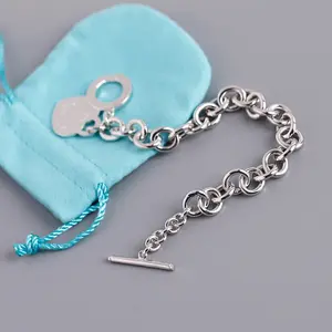 Fine Jewellery 925 Sterling Silver Heart Pendant Ot Clap Chunky Chain and Link Bracelet