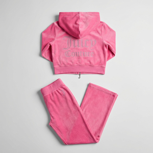 Ensemble deux pièces streetwear Y2K pour femme avec logo personnalisé : sweat à capuche court rose zippé et pantalon de survêtement évasé - Product Image 3