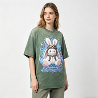 Kaos Wanita Vintage Oversize Warna Hijau Muda dengan Cetakan Grafis Kelinci Kartun Custom, Bahan Katun