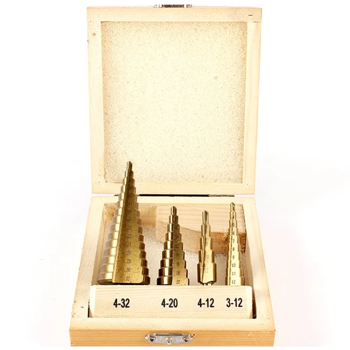 LARIX Grosir 4-Piece Set Baja Kecepatan Tinggi Langkah Bor Bit Segitiga Shank Lurus Alur Titanium Disepuh Kotak Kayu