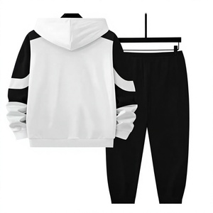 Men's <b>White</b> Black Color Blocking Hoodie <b>Jogger</b> Set Casual Autumn Wear Knitted Cotton Sweatshirt Pants Outfit - Product Image 4
