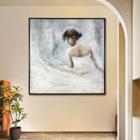 Portrait de femme minimaliste moderne peinture à l'huile peinte à la main canapé en bois fond décoration murale salon créatif classique