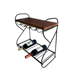독특한 디자인 바 2 계층 플로팅 와인 랙 금속 스틸 와인 병과 잔 벽 와인 랙 대나무 테이블