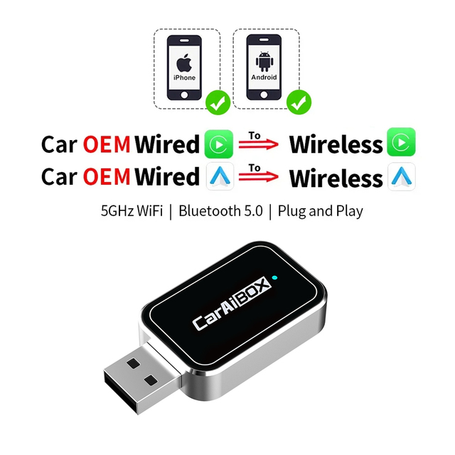 Factory Price Wireless Android Car Wireless Box, with Wired CarPlay 2-in-1 Wireless CarPlay Adapte Free USB-A to Type-C Adapter