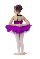 Gaun Tutu Berpayet Fuchsia untuk Anak Perempuan dengan Ruffle di Bagian Atas, Kerah Halter, Kostum Pertunjukan Balet dengan Lis Hitam, Bahan Poliester/Rayon