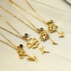 Simple 12 Months Flower Necklaces 18k Gold Plated Stainless Steel Necklace Birthstone Gift Rose Month Pendant